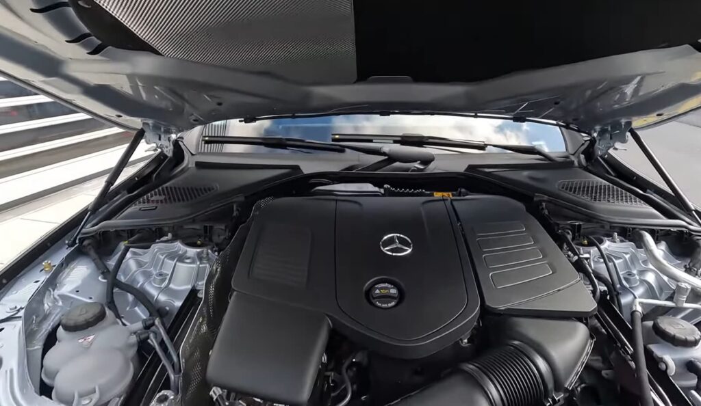 Close-up of a Mercedes engine with carbon fiber detail