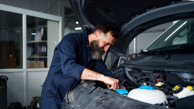 Male mechanic working with a car in an auto repair shop