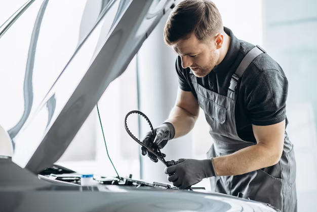 Auto mechanic checking car belt